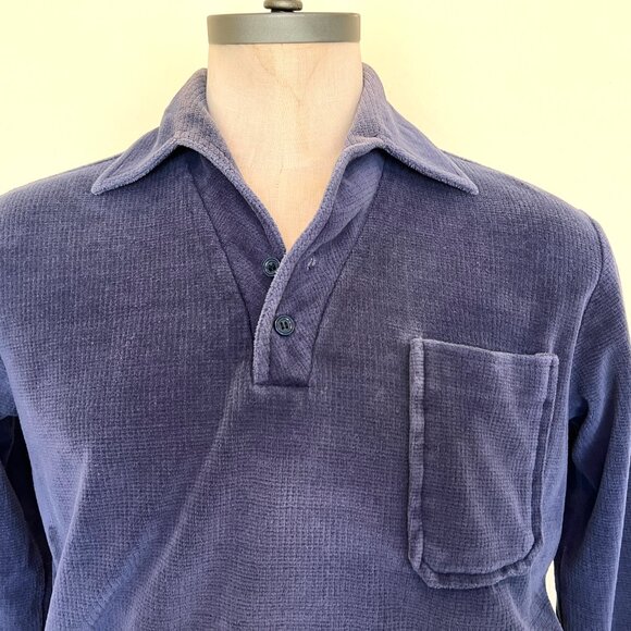 90's Velour Polo Style Shirt - Joel - Navy Long Sleeve - Size Medium - Picture 4 of 10